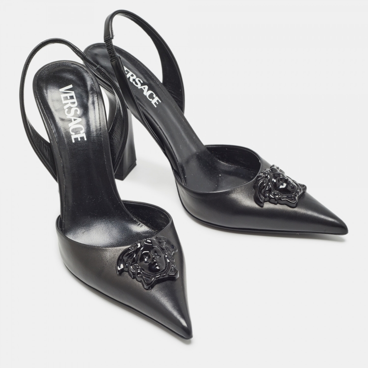Pre Owned Versace Black Leather La Medusa Slingback Pumps Size 39 