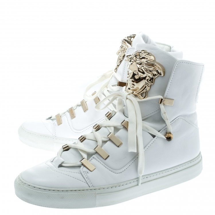Pre Owned Versace White Leather Medusa High Top Sneakers Size 39