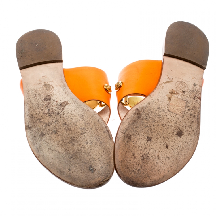 Pre Owned Versace Orange Leather Medusa Embellished Thong Sandals Size 39