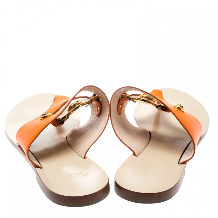 Pre Owned Versace Orange Leather Medusa Embellished Thong Sandals Size 39