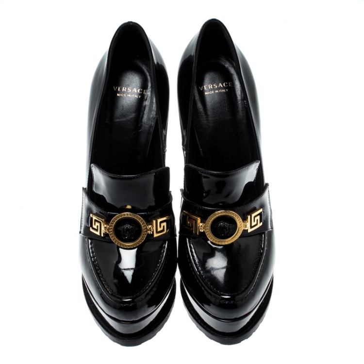 Pre Owned Versace Black Patent Leather Medusa Platform Block Heel Loafer Pumps Size 38