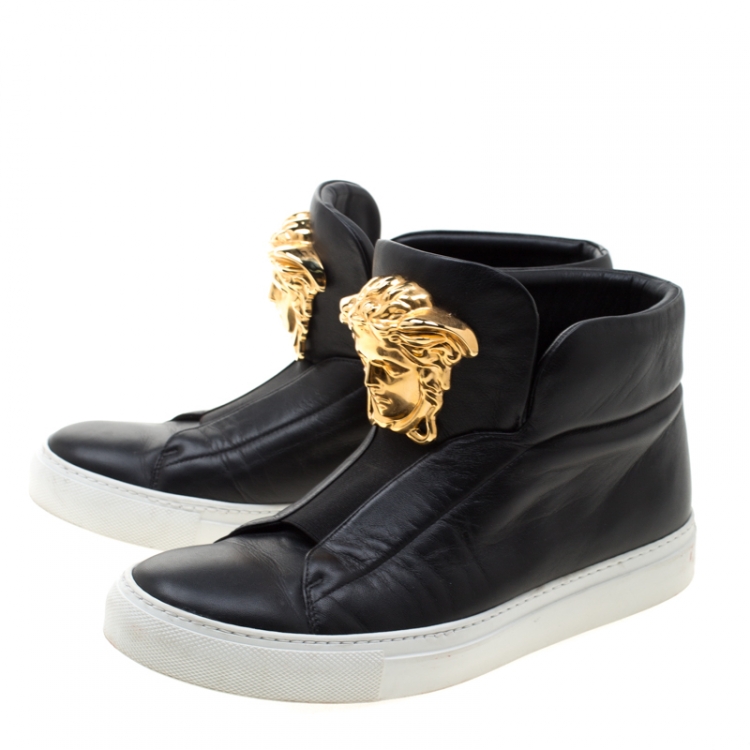 Pre Owned Versace Black Leather Medusa High Top Sneakers Size 38