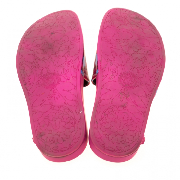 Pre Owned Versace Pink Baroque Leather Medusa Head Printed Slides Size 38