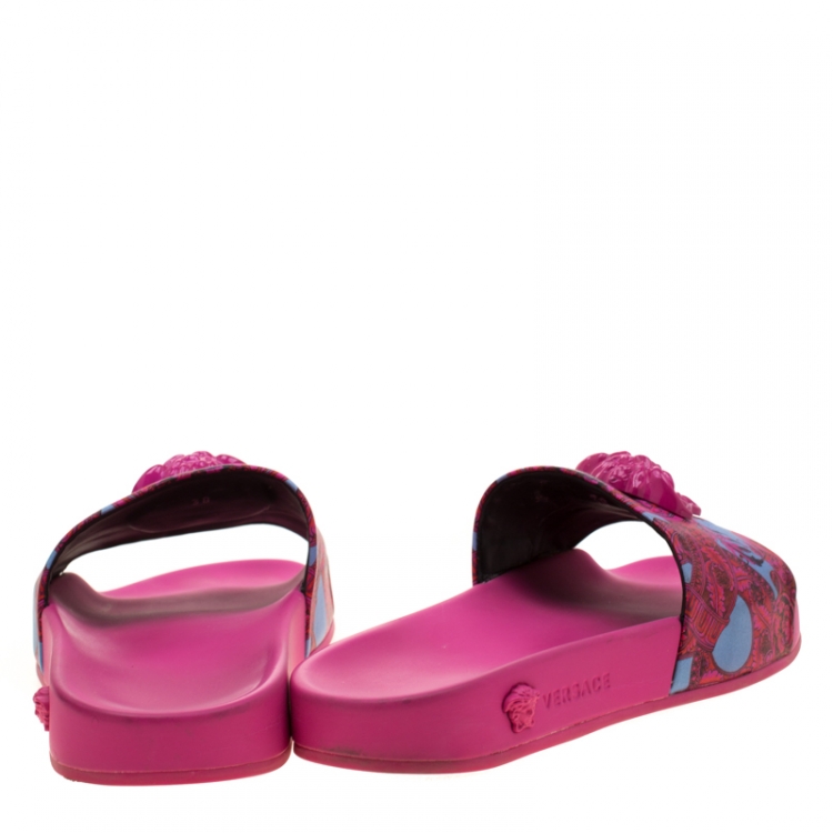 Pre Owned Versace Pink Baroque Leather Medusa Head Printed Slides Size 38