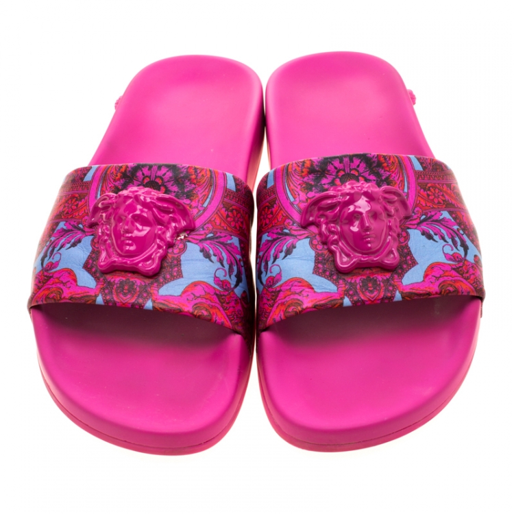 Pre Owned Versace Pink Baroque Leather Medusa Head Printed Slides Size 38