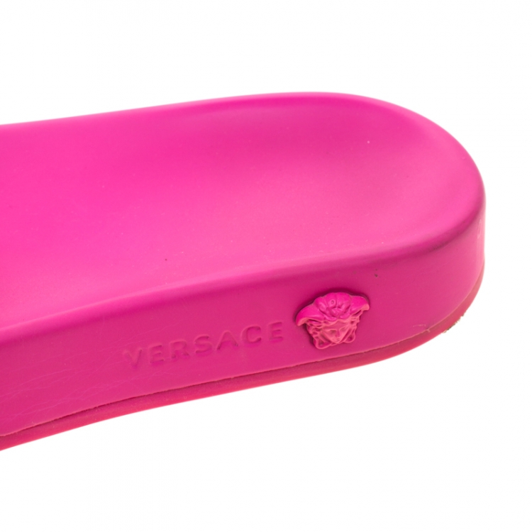 Pre Owned Versace Pink Baroque Leather Medusa Head Printed Slides Size 38