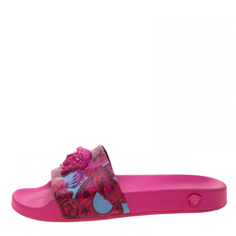 Pre Owned Versace Pink Baroque Leather Medusa Head Printed Slides Size 38