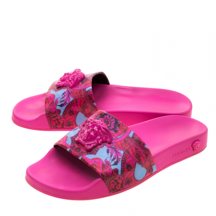 Pre Owned Versace Pink Baroque Leather Medusa Head Printed Slides Size 38