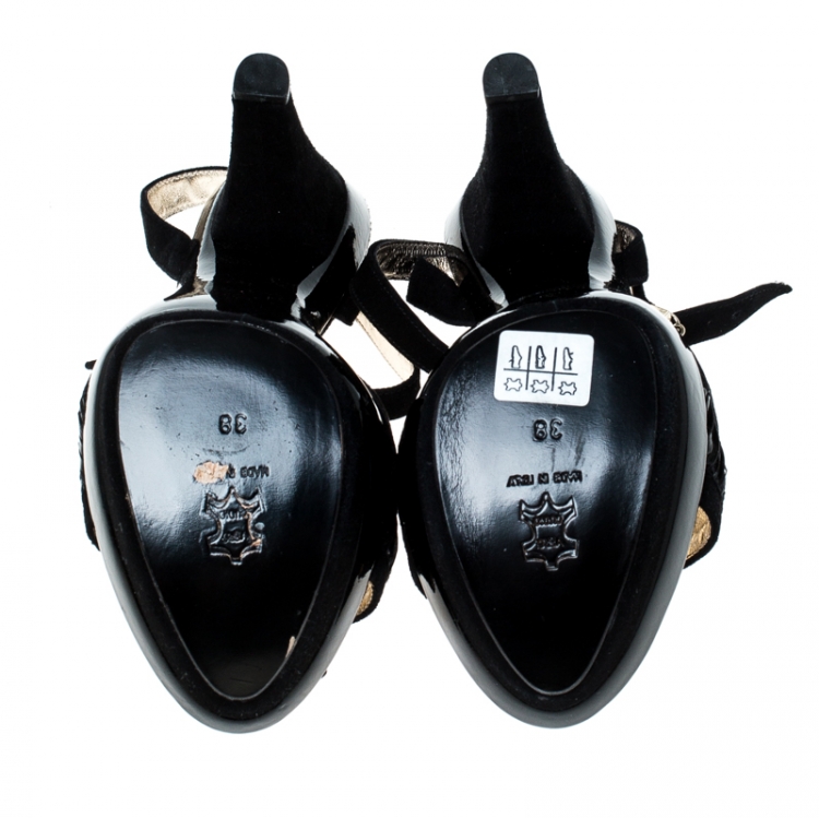 Pre Owned Versace Black Suede and Leather Open Toe Platform Ankle Strap Sandals Size 38
