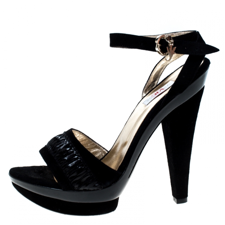 Pre Owned Versace Black Suede and Leather Open Toe Platform Ankle Strap Sandals Size 38