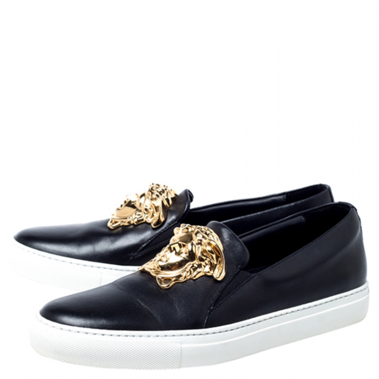 Pre Owned Versace Black Leather Palazzo Medusa Slip-On Sneakers Size 40 