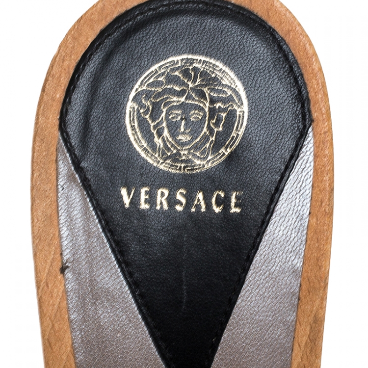 Pre Owned Versace Black/Yellow Barocco Printed Leather Clog Platform Sandals Size 37.5