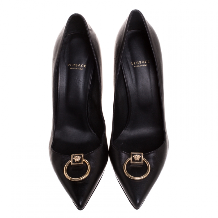 Pre Owned Versace Black Leather Medusa Logo Pointed Toe Pumps Size 41
