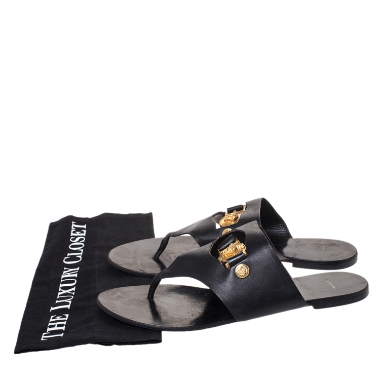Pre Owned Versace Black Leather Medusa Detail Thong Flats Slides Size 41