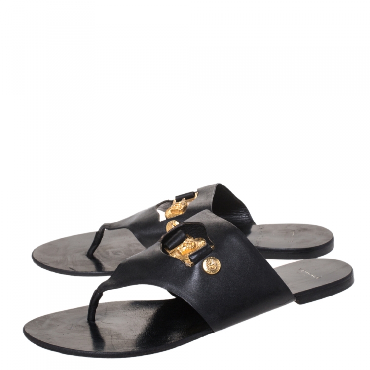 Pre Owned Versace Black Leather Medusa Detail Thong Flats Slides Size 41