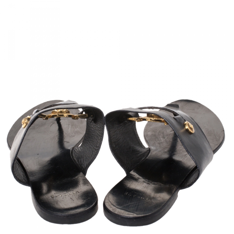 Pre Owned Versace Black Leather Medusa Detail Thong Flats Slides Size 41