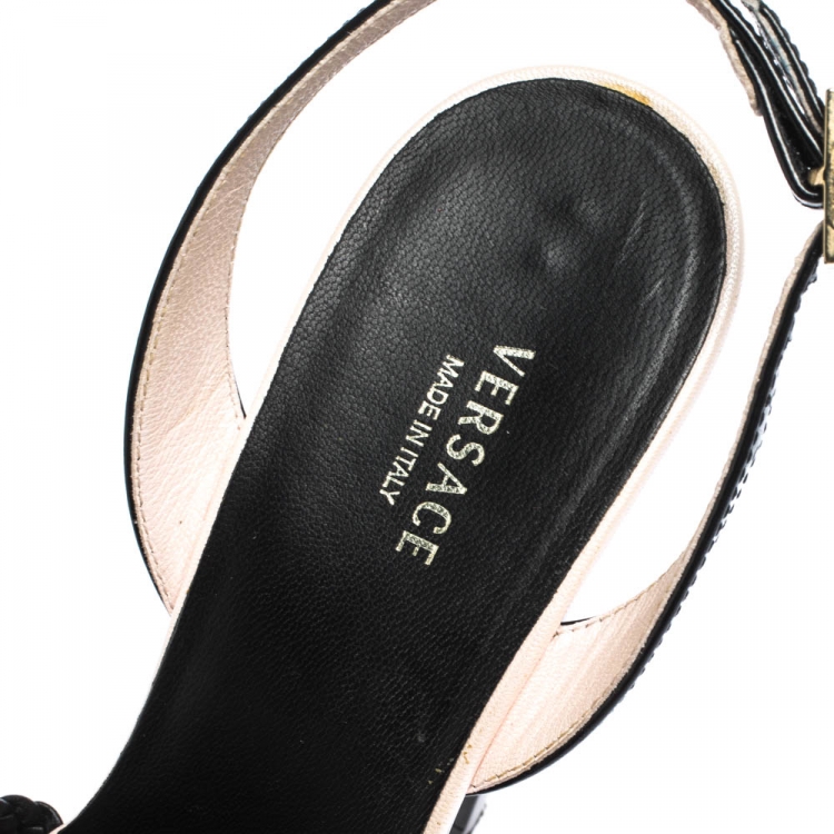 Pre Owned Versace Black Woven Knot Leather And Patent Slingback Platform Sandals Size 36