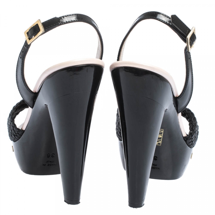 Pre Owned Versace Black Woven Knot Leather And Patent Slingback Platform Sandals Size 36