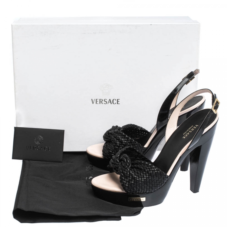 Pre Owned Versace Black Woven Knot Leather And Patent Slingback Platform Sandals Size 36