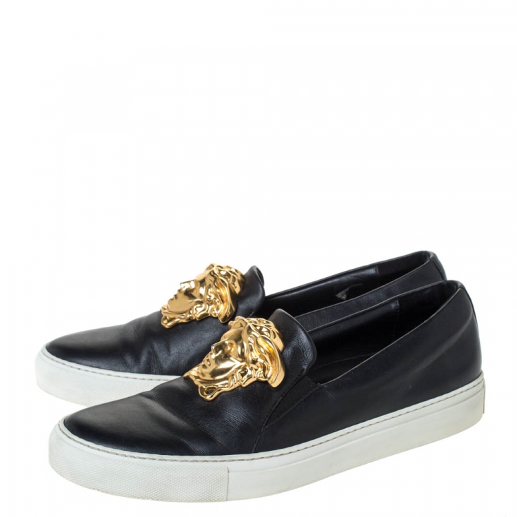 Pre Owned Versace Black Leather Palazzo Medusa Slip-On Sneakers Size 40 