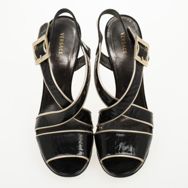 Pre Owned Versace Black Patent Strappy Sandals Size 37