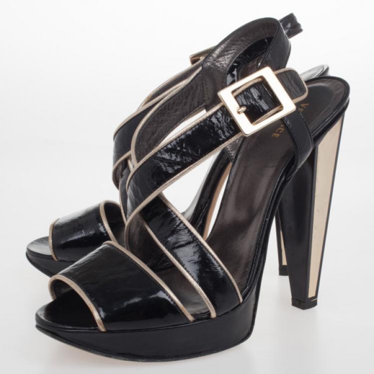 Pre Owned Versace Black Patent Strappy Sandals Size 37