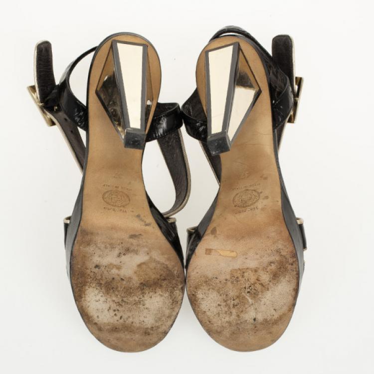 Pre Owned Versace Black Patent Strappy Sandals Size 37