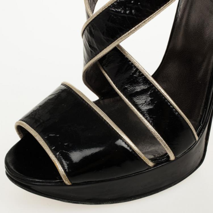 Pre Owned Versace Black Patent Strappy Sandals Size 37