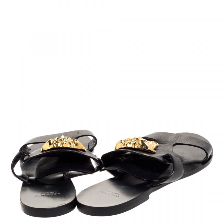 Pre Owned Versace Black Leather Medusa Detail Flats Slides Size 39