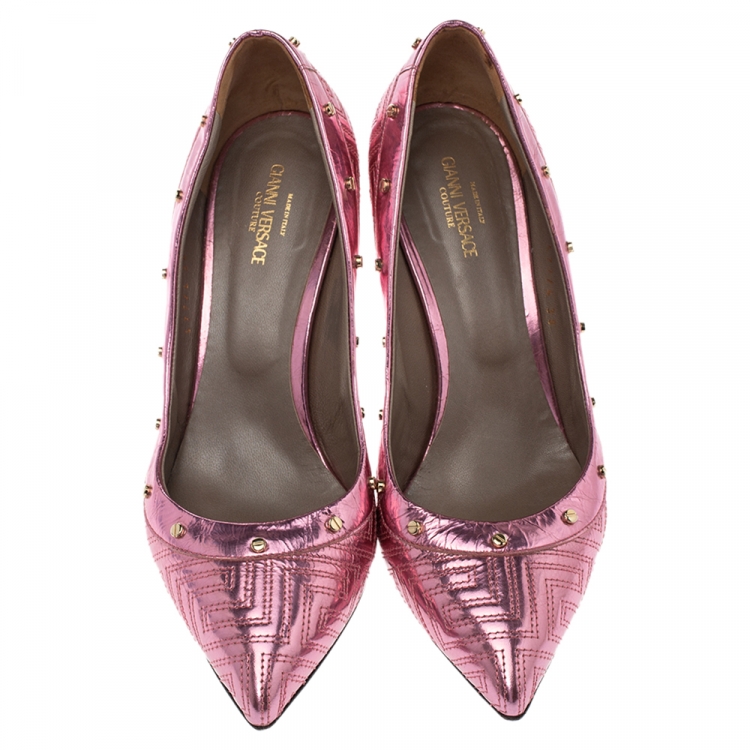 Pre Owned Versace Metallic Pink Leather Greek Key Stitch Detail Pointed Toe Pumps Size 38