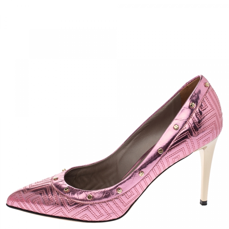Pre Owned Versace Metallic Pink Leather Greek Key Stitch Detail Pointed Toe Pumps Size 38