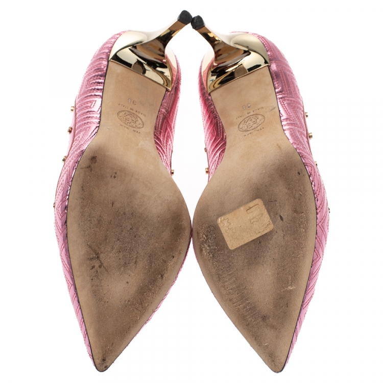 Pre Owned Versace Metallic Pink Leather Greek Key Stitch Detail Pointed Toe Pumps Size 38