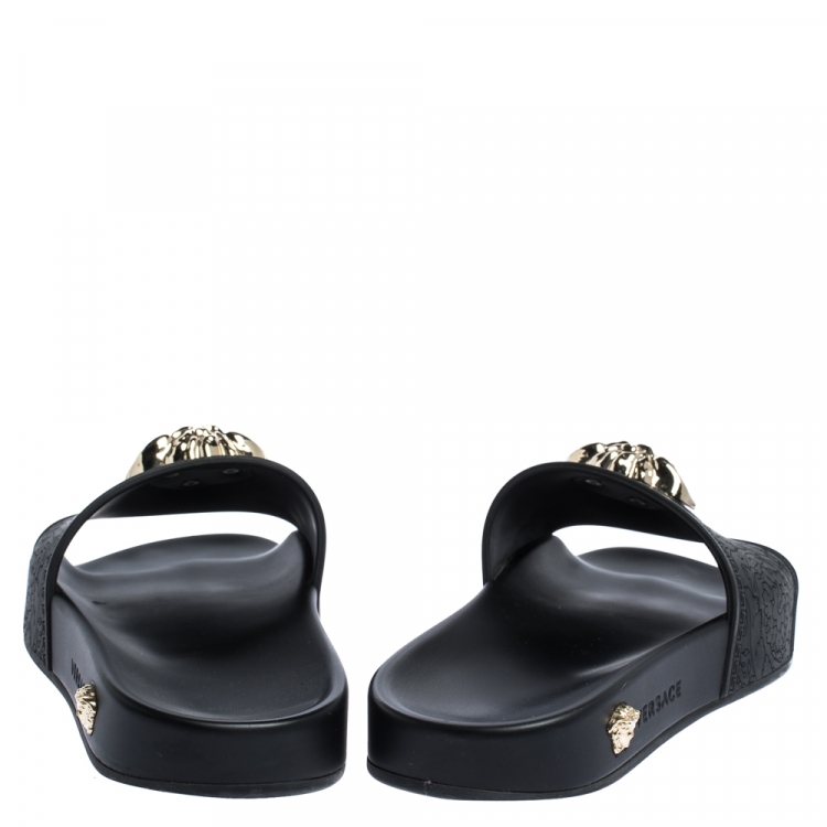 Pre Owned Versace Black Rubber Medusa Flat Slides Size 36