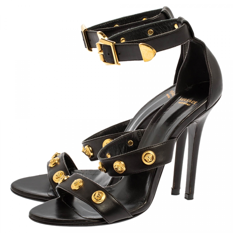 Pre Owned Versace Black Leather Medusa Studded Ankle Cuff Open Toe Sandals Size 37.5