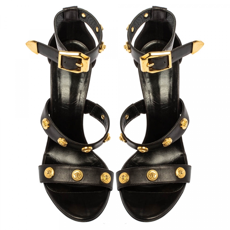 Versace Black Leather Medusa Studded Ankle Cuff Open Toe Sandals Size ...
