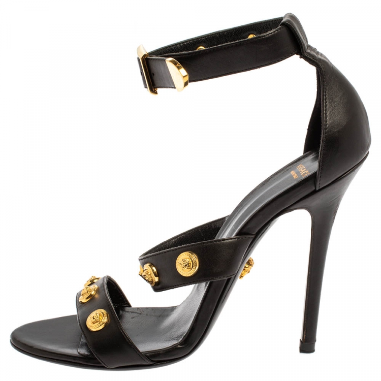 Pre Owned Versace Black Leather Medusa Studded Ankle Cuff Open Toe Sandals Size 37.5