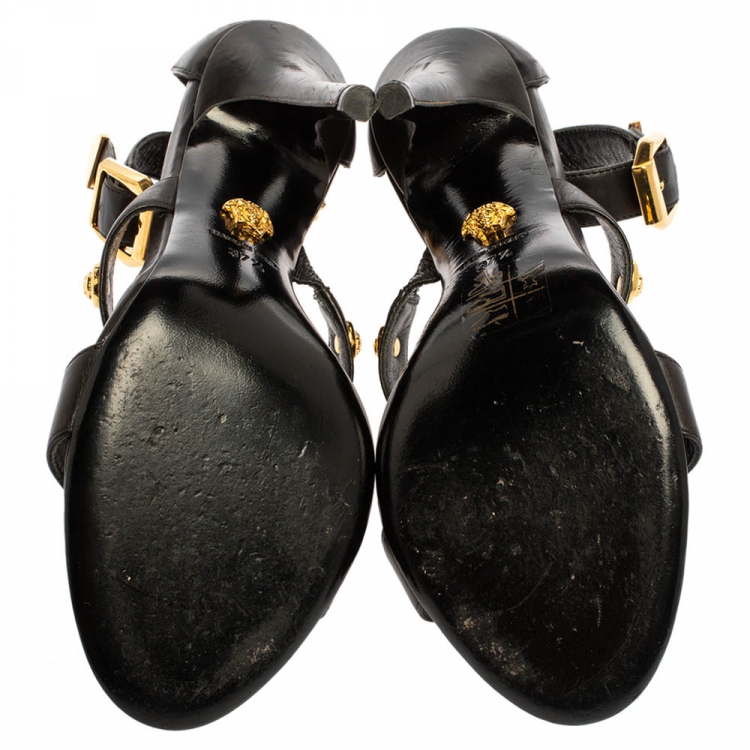 Pre Owned Versace Black Leather Medusa Studded Ankle Cuff Open Toe Sandals Size 37.5