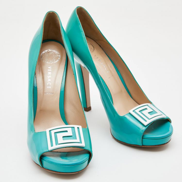 Pre Owned Versace Sky Blue Patent Leather Slip On Peep Toe Platform Pumps Size 41