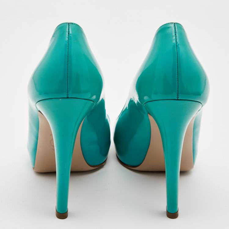 Pre Owned Versace Sky Blue Patent Leather Slip On Peep Toe Platform Pumps Size 41