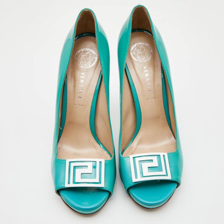 Pre Owned Versace Sky Blue Patent Leather Slip On Peep Toe Platform Pumps Size 41