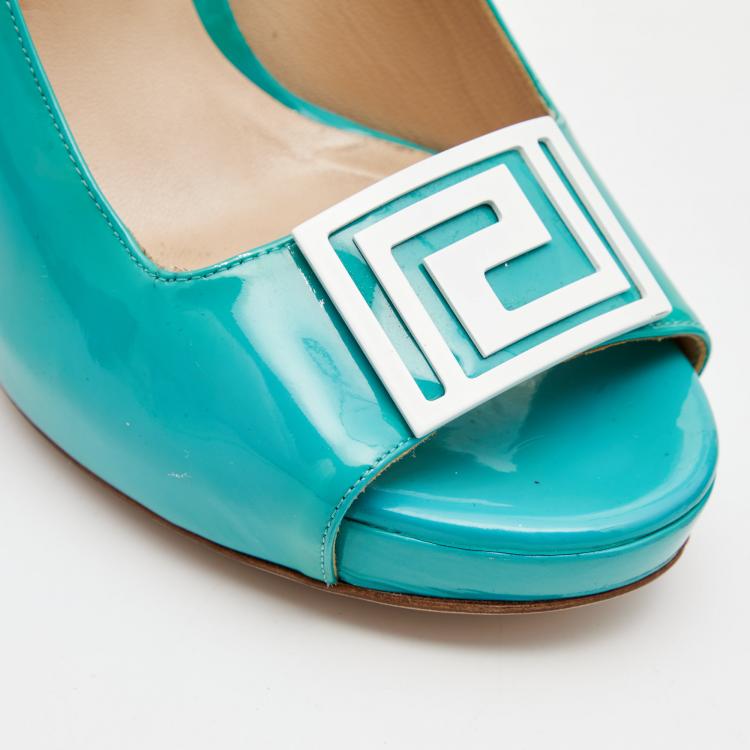 Pre Owned Versace Sky Blue Patent Leather Slip On Peep Toe Platform Pumps Size 41