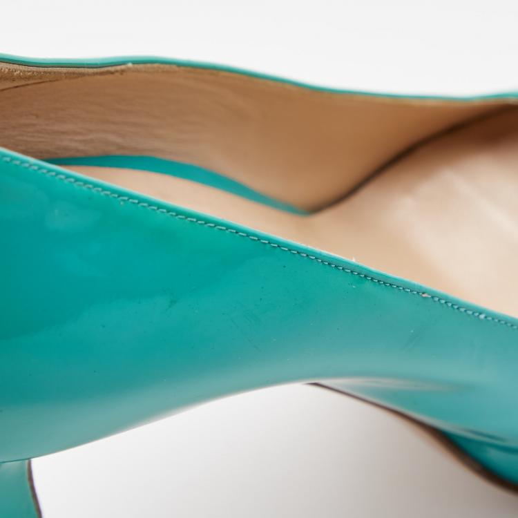 Pre Owned Versace Sky Blue Patent Leather Slip On Peep Toe Platform Pumps Size 41