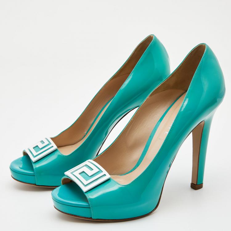 Pre Owned Versace Sky Blue Patent Leather Slip On Peep Toe Platform Pumps Size 41