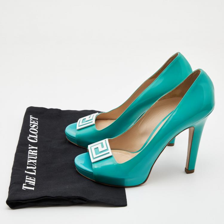 Pre Owned Versace Sky Blue Patent Leather Slip On Peep Toe Platform Pumps Size 41