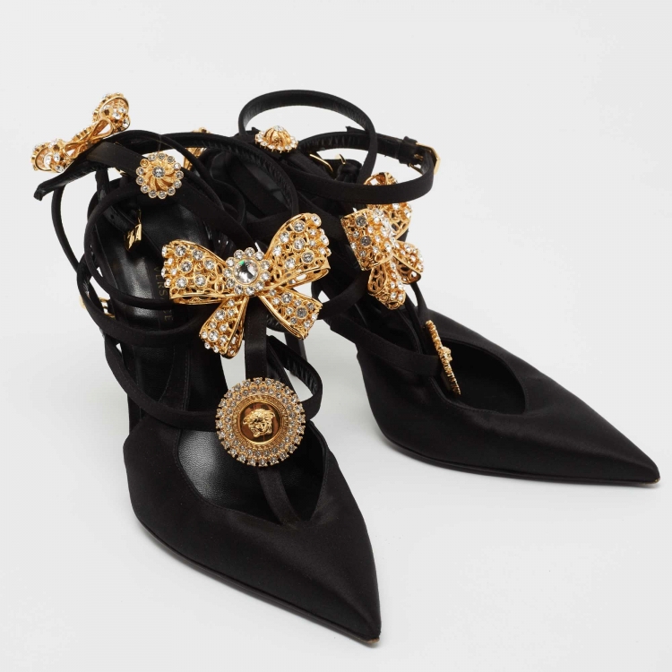 Pre Owned Versace Black Satin V-Bow Cage Sandals Size 40