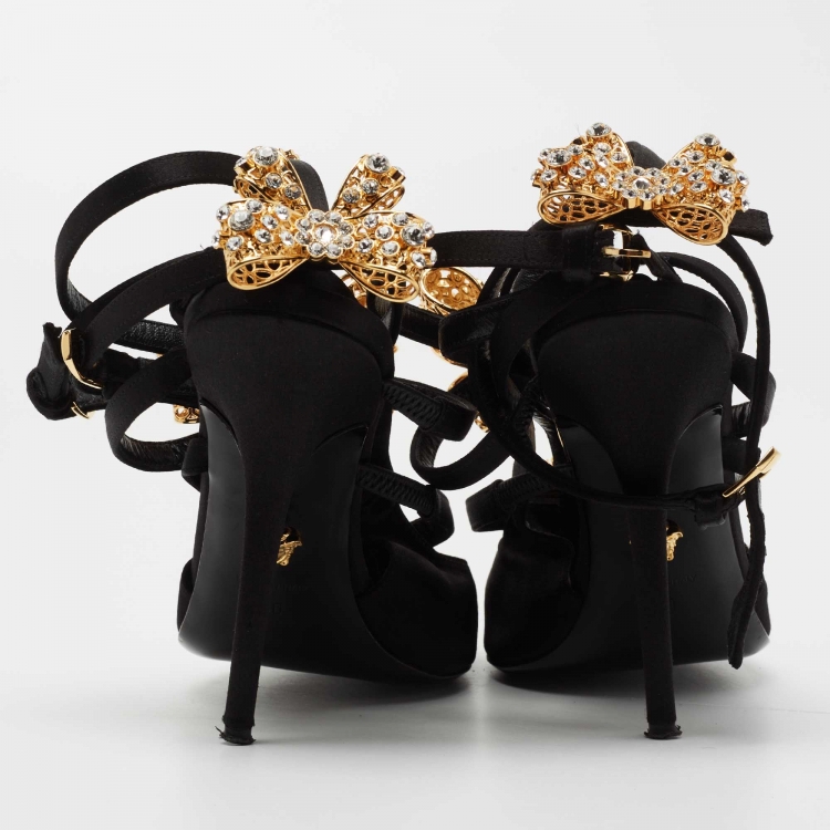 Pre Owned Versace Black Satin V-Bow Cage Sandals Size 40