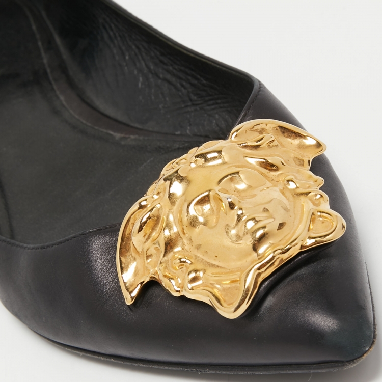 Pre Owned Versace Black Leather Medusa Ballet Flats Size 38