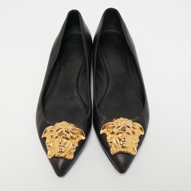Pre Owned Versace Black Leather Medusa Ballet Flats Size 38