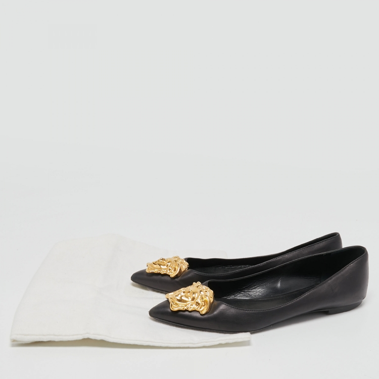 Pre Owned Versace Black Leather Medusa Ballet Flats Size 38