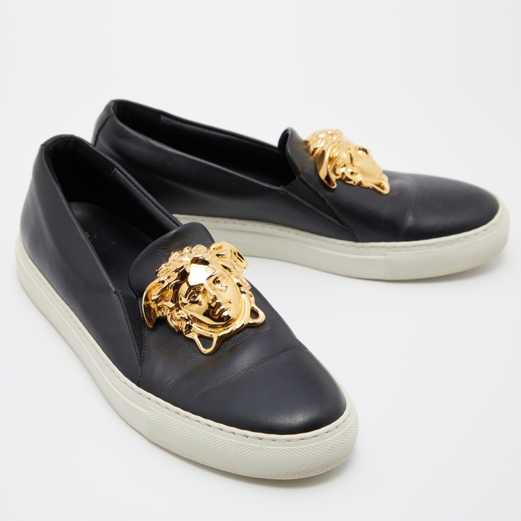 Pre Owned Versace Black Leather Palazzo Medusa Slip On Sneakers Size 38
